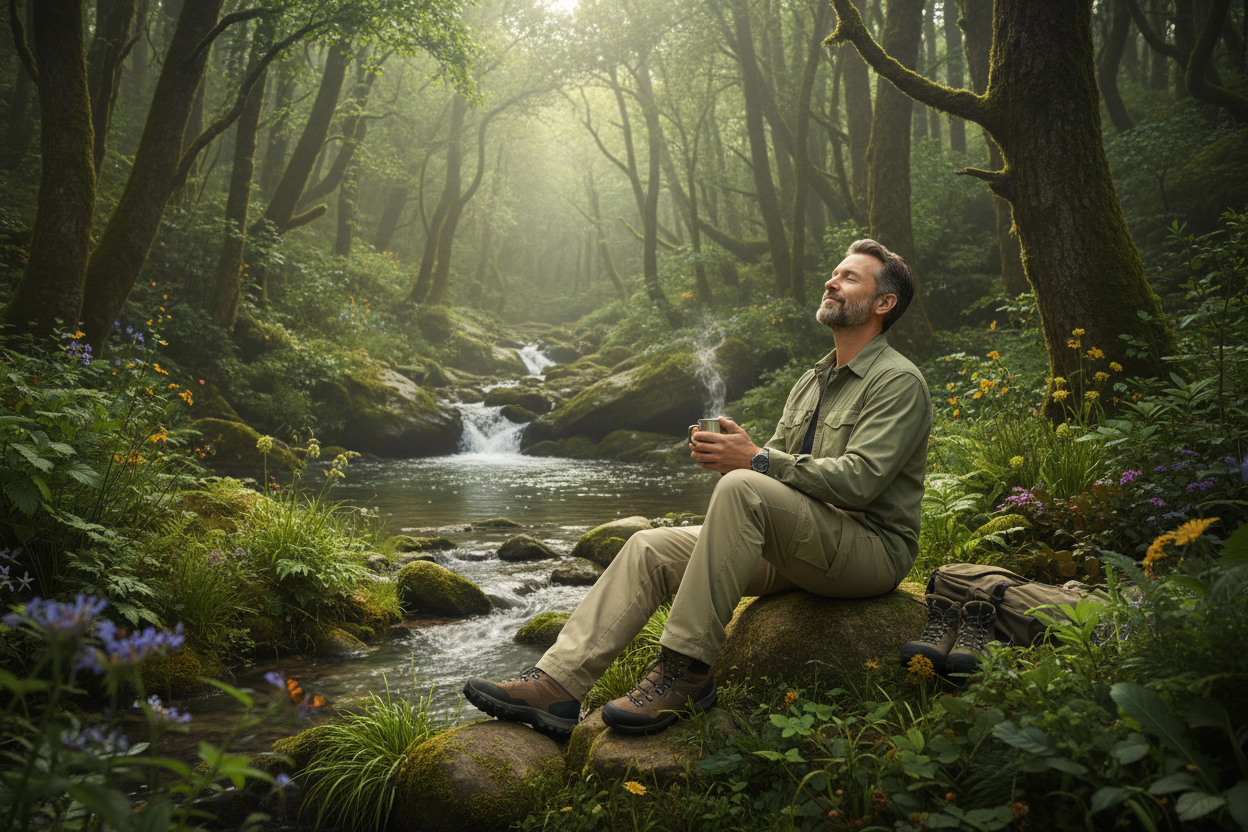 Image of an american white man, enjoying the outdoors. in nature